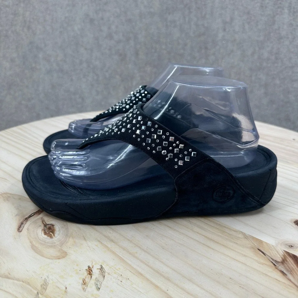 FitFlop Novy Sandals Womens 8 Black Crystal Embellished Suede Platform Flip Flop